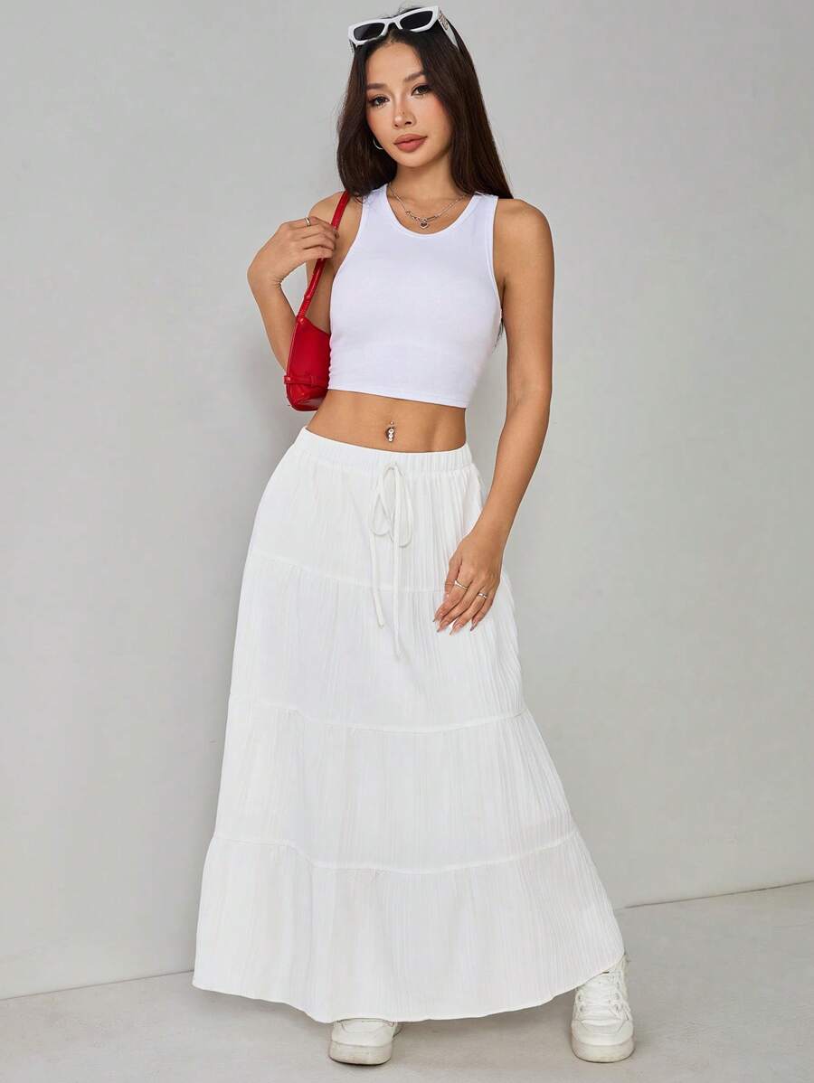 Falda larga con volantes y cintura alta de color liso para mujer de PETITE