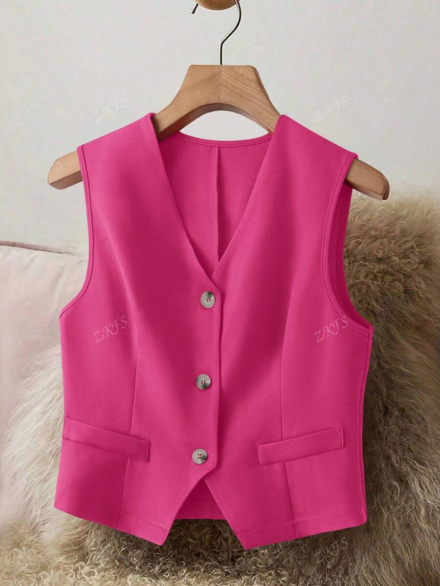 Chaqueta elegante de traje sin mangas con cuello en V para mujer, chaleco con botones delanteros de moda para todas las estaciones.