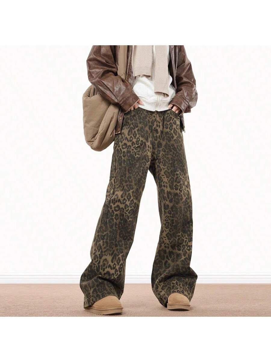 Pantalones vaqueros con estampado de leopardo americano Mannova para hombre, holgados, de corte holgado, estilo urbano, de pierna recta, estilo retro