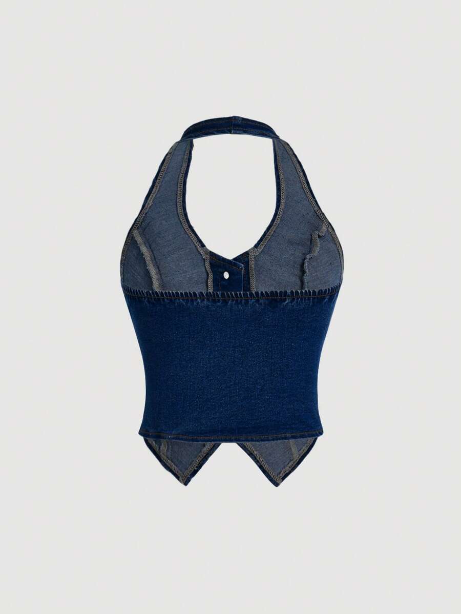 Top corto de mezclilla ajustado con elástico azul Y2K, cuello halter, sin espalda y con tirantes finos ICON