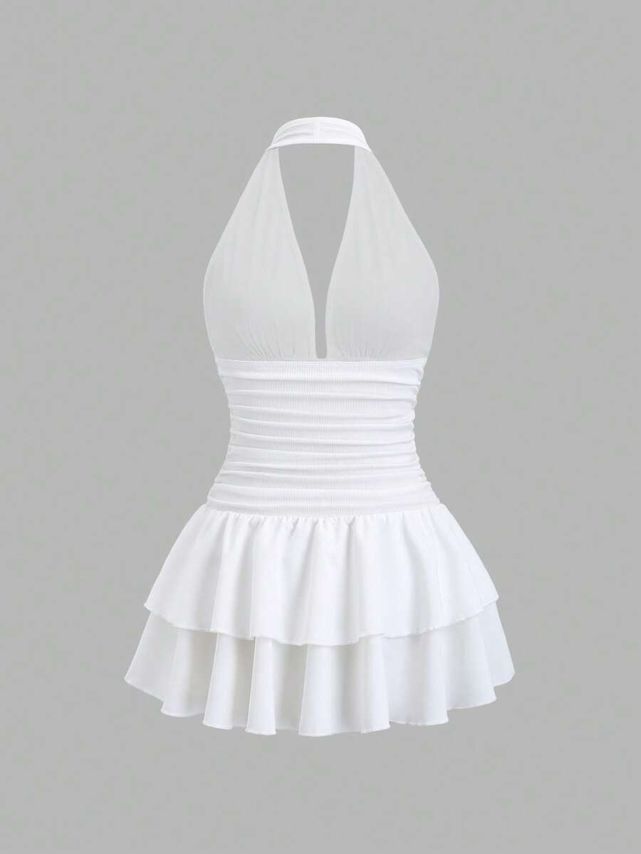 Vestido corto Sweetra de punto negro con cuello en V, espalda abierta, bajo con volantes y cintura fruncida, elegante e informal para mujer, primavera y verano.