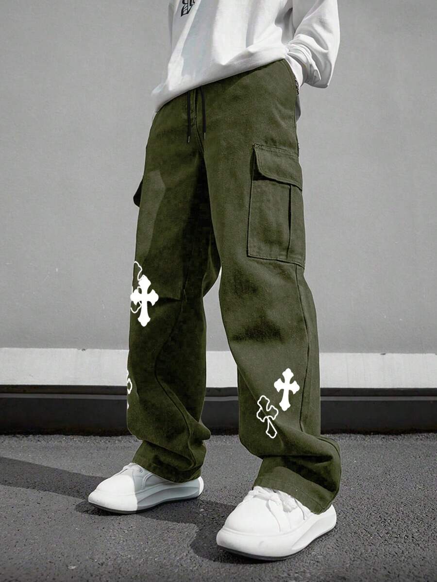 Pantalón cargo multibolsillos para hombre, corte holgado con estampado cruzado, ideal para playa, informal, deportes, actividades al aire libre, jogging, corte recto y holgado, ideal para cualquier temporada, estilo urbano, regalo para novio o esposo.