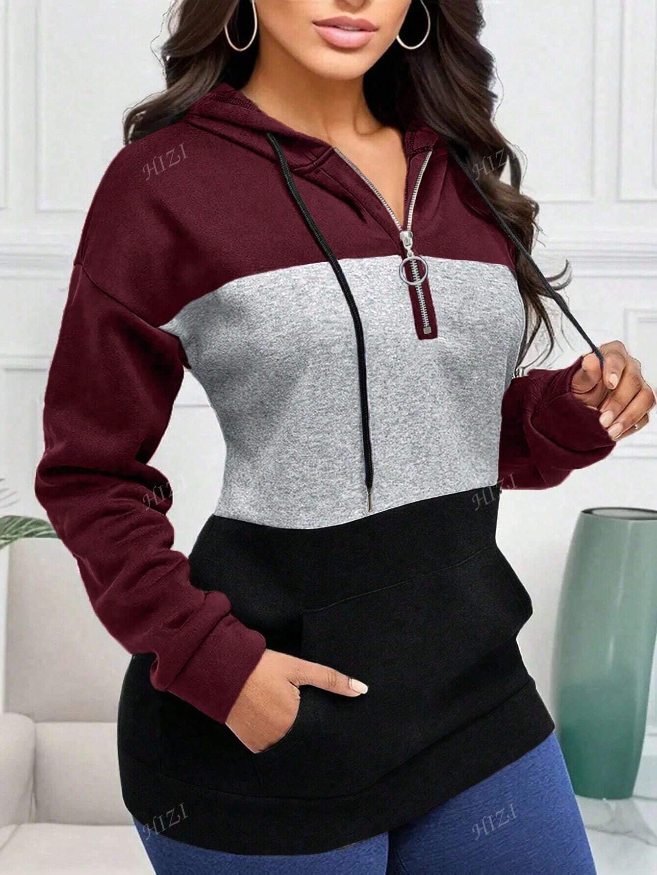 Chaqueta tipo sudadera con capucha, cremallera y cordón ajustable en bloques de color, nueva llegada otoño-invierno