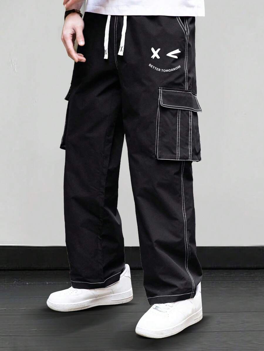 Pantalones cargo rectos Manfinity Hypemode para hombre, informales, con cordón y cintura ajustable, de pierna ancha.