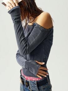 Camiseta de manga corta con cuello asimétrico de punto de color liso para mujer de Bohemela BOHO
