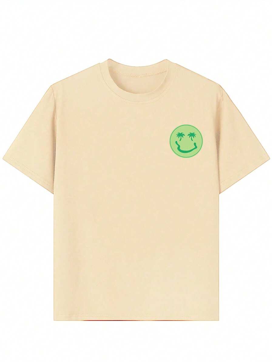 Camiseta de manga corta con estampado de palmera y cara sonriente para niño preadolescente, ideal para jugar en la playa.
