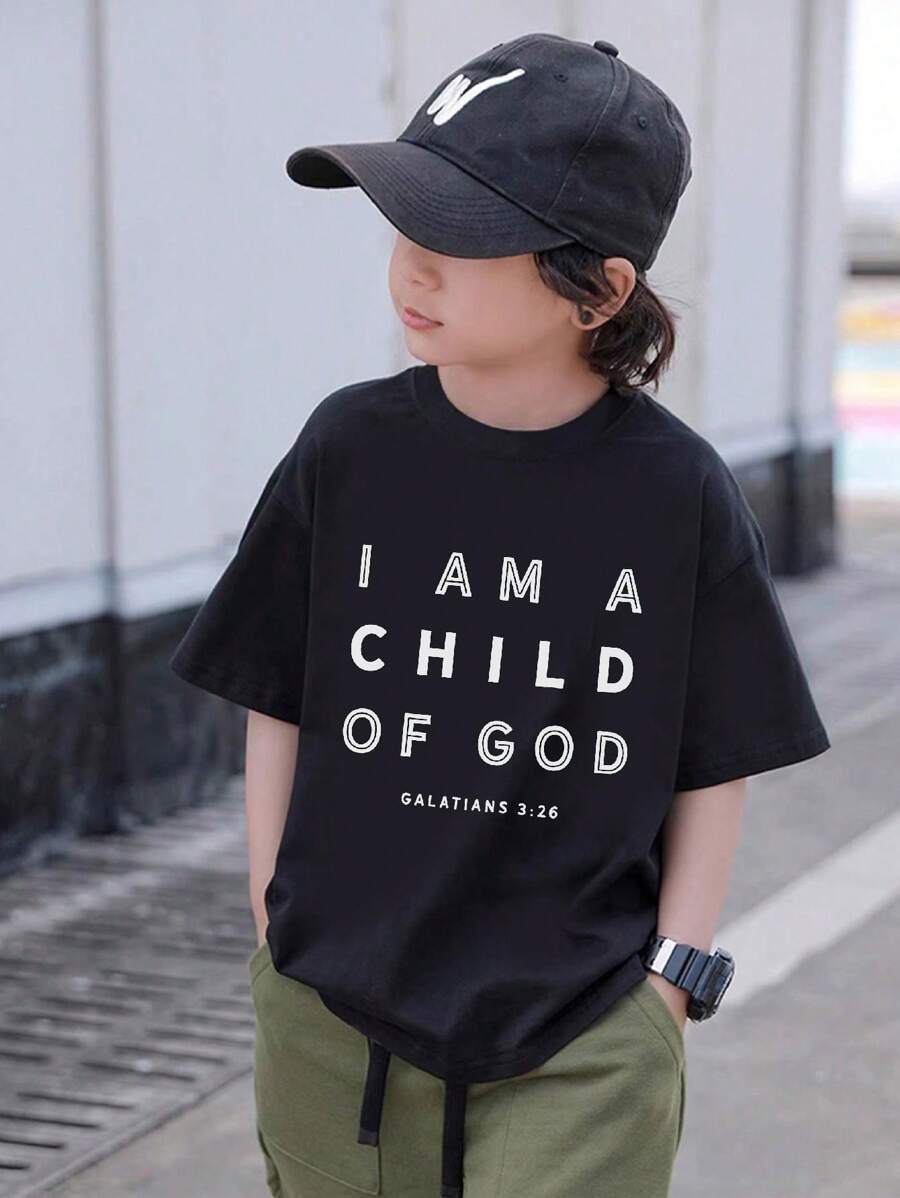 Camiseta informal de manga corta con cuello redondo y estampado de letras azules para niño preadolescente, verano