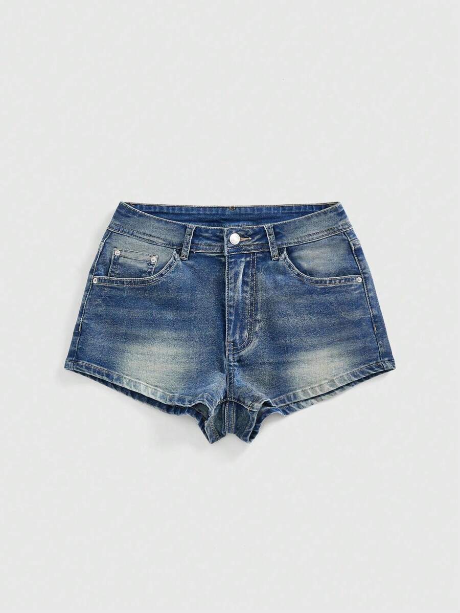 ROMWE Pantalones cortos vaqueros con bordado de cruz y diamantes de imitación para mujer, estilo grunge punk, estilo Gyaru, estilo retro de verano, para la escuela