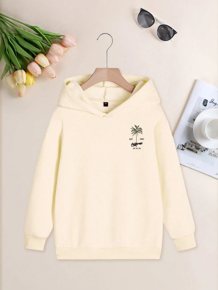 Sudadera informal con capucha para niño preadolescente con estampado de cocoteros, forro térmico grueso para otoño e invierno, ideal para niños activos.