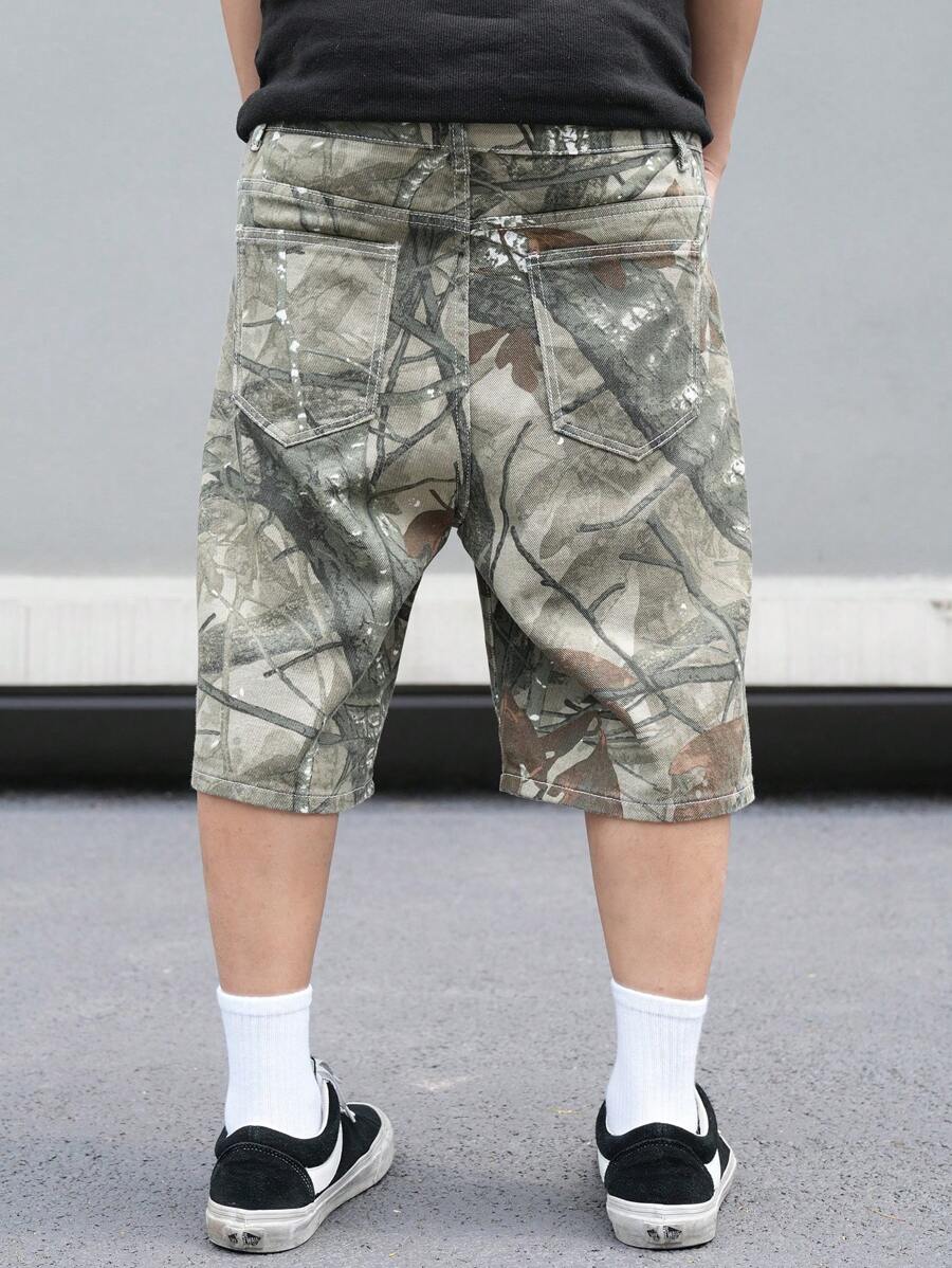 Pantalones cortos vaqueros holgados Manfinity LEGND para hombre, estilo casual, con estampado de ramas de árbol, camuflaje verde, ideal como regalo para esposo o novio.