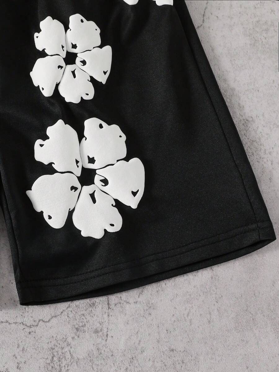 Conjunto informal de 2 piezas para niño: camiseta holgada de manga corta con estampado de letras y pantalones cortos deportivos holgados con estampado de arce, verano