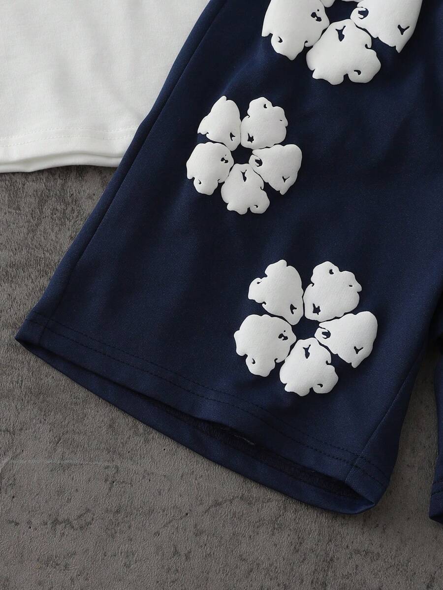 Conjunto informal de 2 piezas para niño: camiseta holgada de manga corta con estampado de letras y pantalones cortos deportivos holgados con estampado de arce, verano