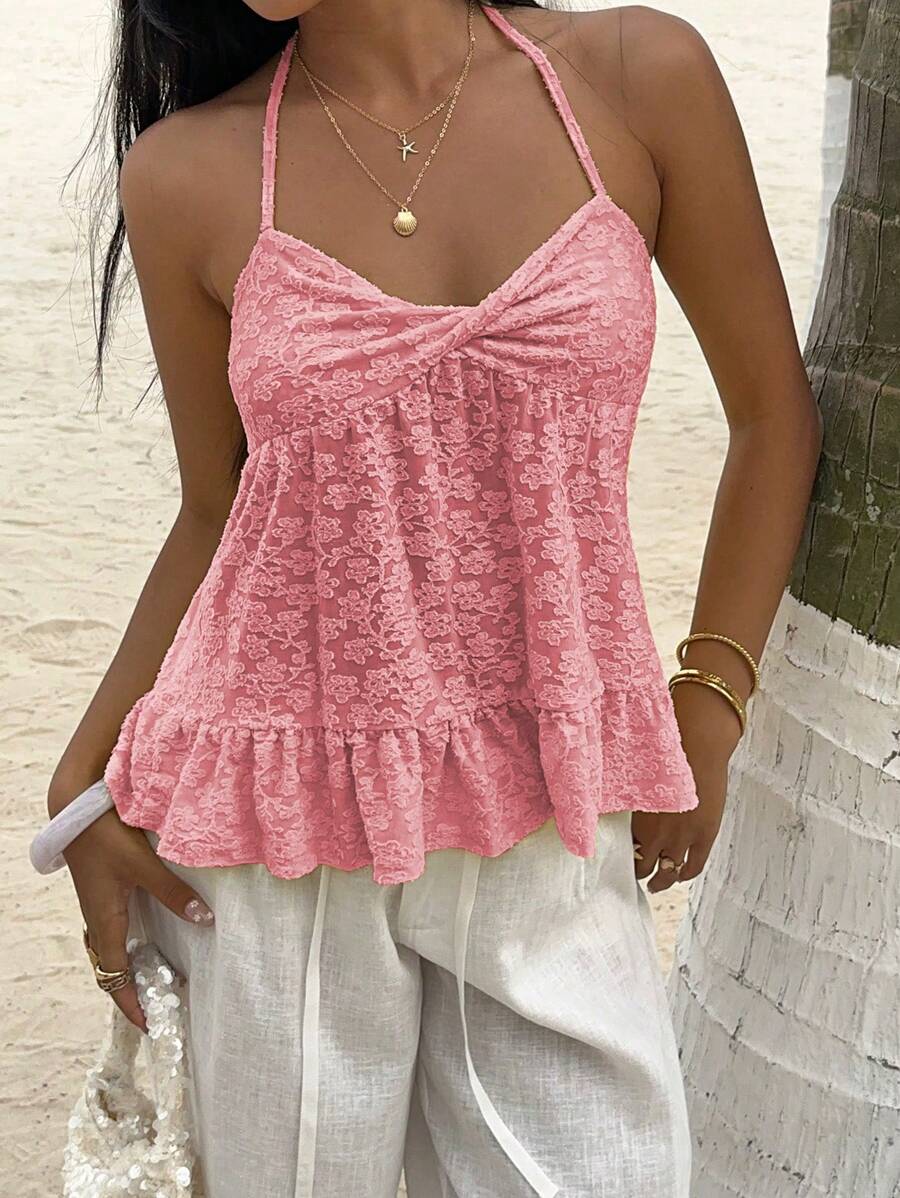 Camiseta sin mangas Sunnyshic de color liso con cuello halter para mujer, moderna para el verano
