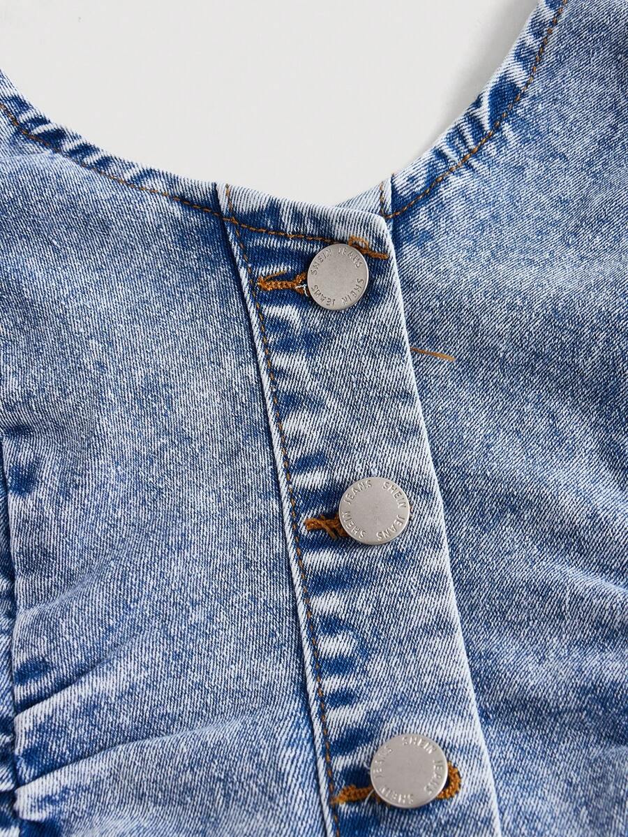 Top corto de mezclilla ajustado con elástico azul Y2K, cuello halter, sin espalda y con tirantes finos ICON
