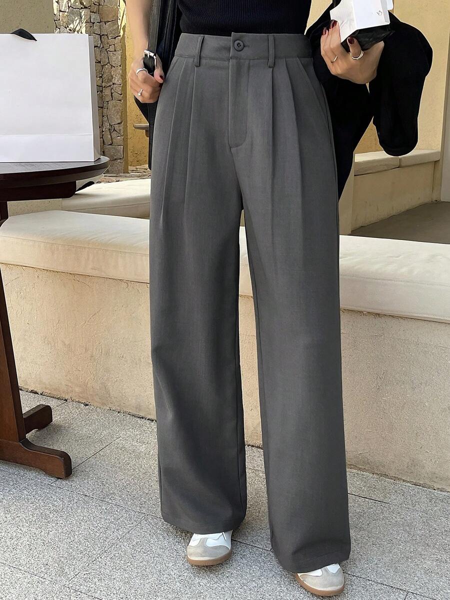 Pantalones de traje holgados plisados informales con bolsillo frontal y botones de color liso para mujer de DAZY, pantalones de vestir para mujer