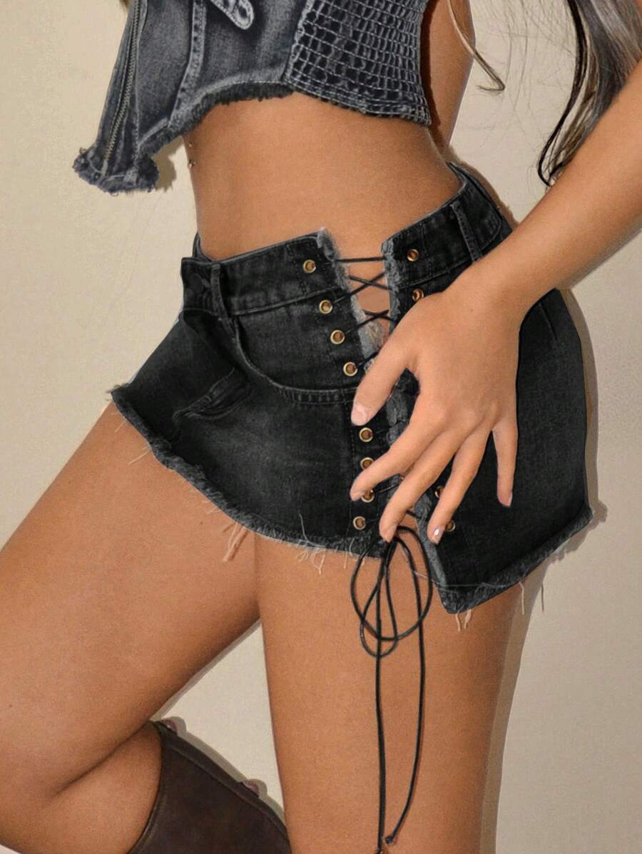 Falda vaquera corta ultracorta con lazo, estilo sexy, estilo años 2000, para mujer