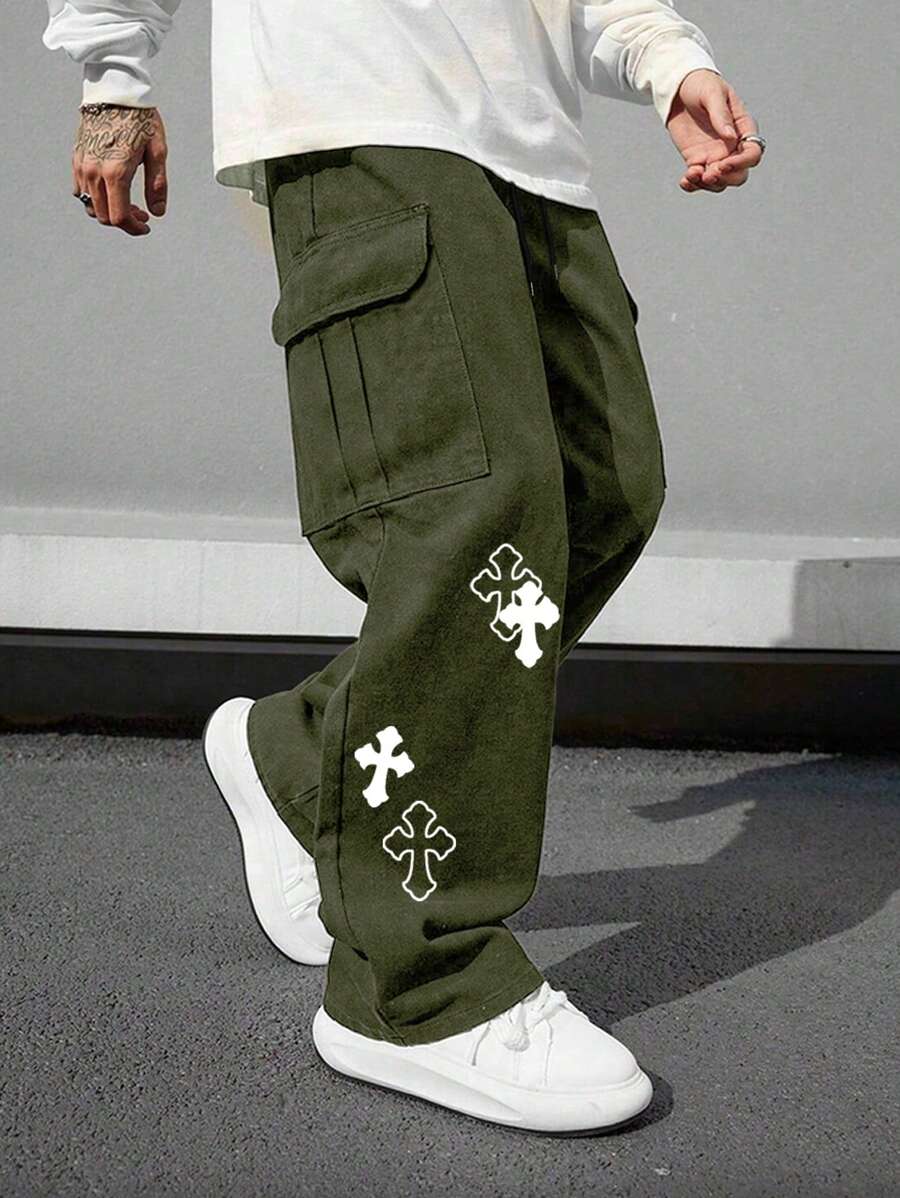 Pantalón cargo multibolsillos para hombre, corte holgado con estampado cruzado, ideal para playa, informal, deportes, actividades al aire libre, jogging, corte recto y holgado, ideal para cualquier temporada, estilo urbano, regalo para novio o esposo.
