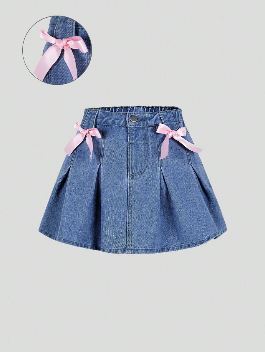 Falda vaquera lavada plisada azul claro, informal, versátil y de moda para niñas preadolescentes con lazo rosa