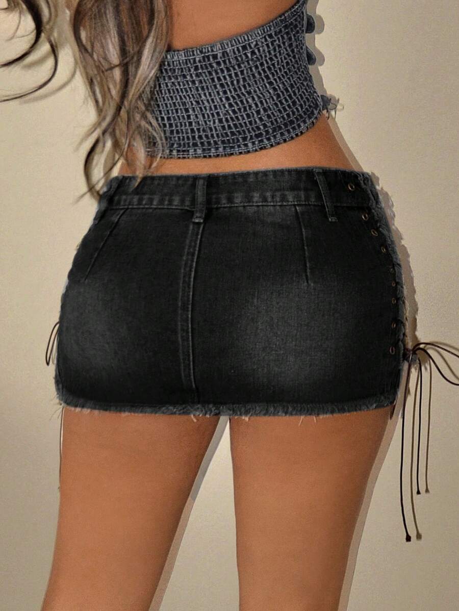 Falda vaquera corta ultracorta con lazo, estilo sexy, estilo años 2000, para mujer