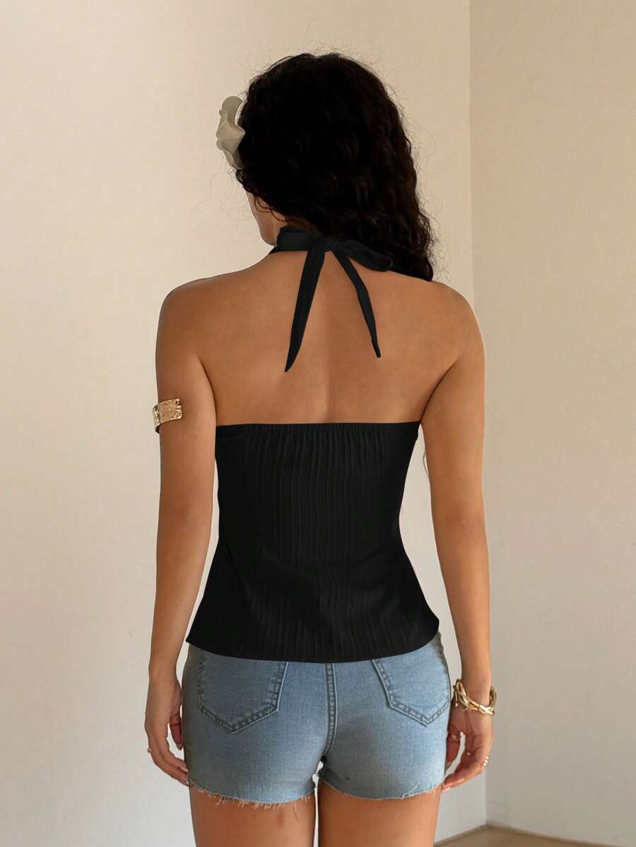Blusa Sunnyshic informal, sencilla, de color liso, plisada y con cuello halter para mujer, verano