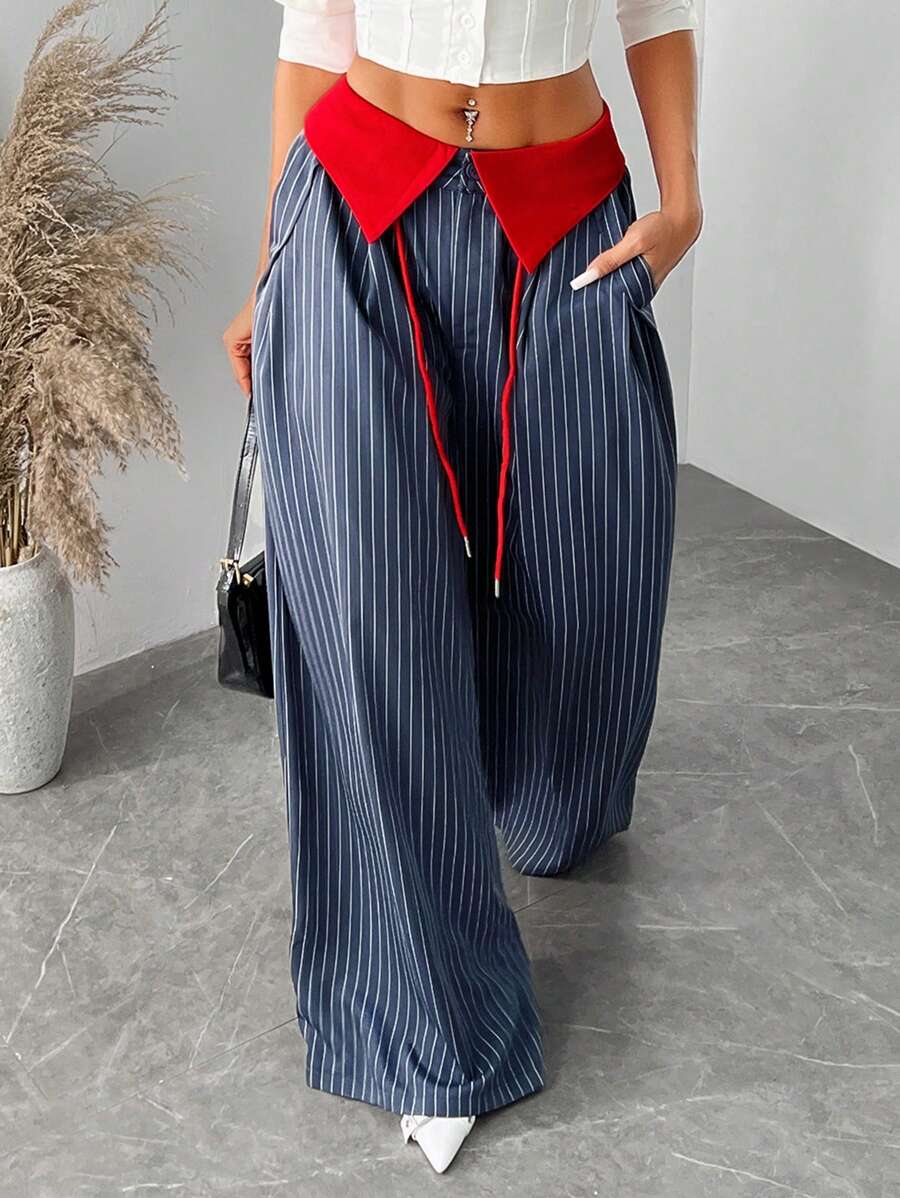 Pantalones anchos y holgados con rayas de colores contrastantes para mujer SXY