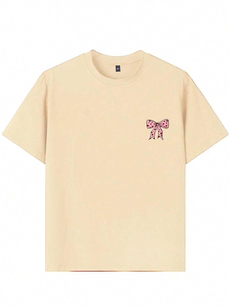 Camiseta de manga corta con estampado de lazo para niña, cómoda y moderna, ideal para estudiantes y jóvenes.