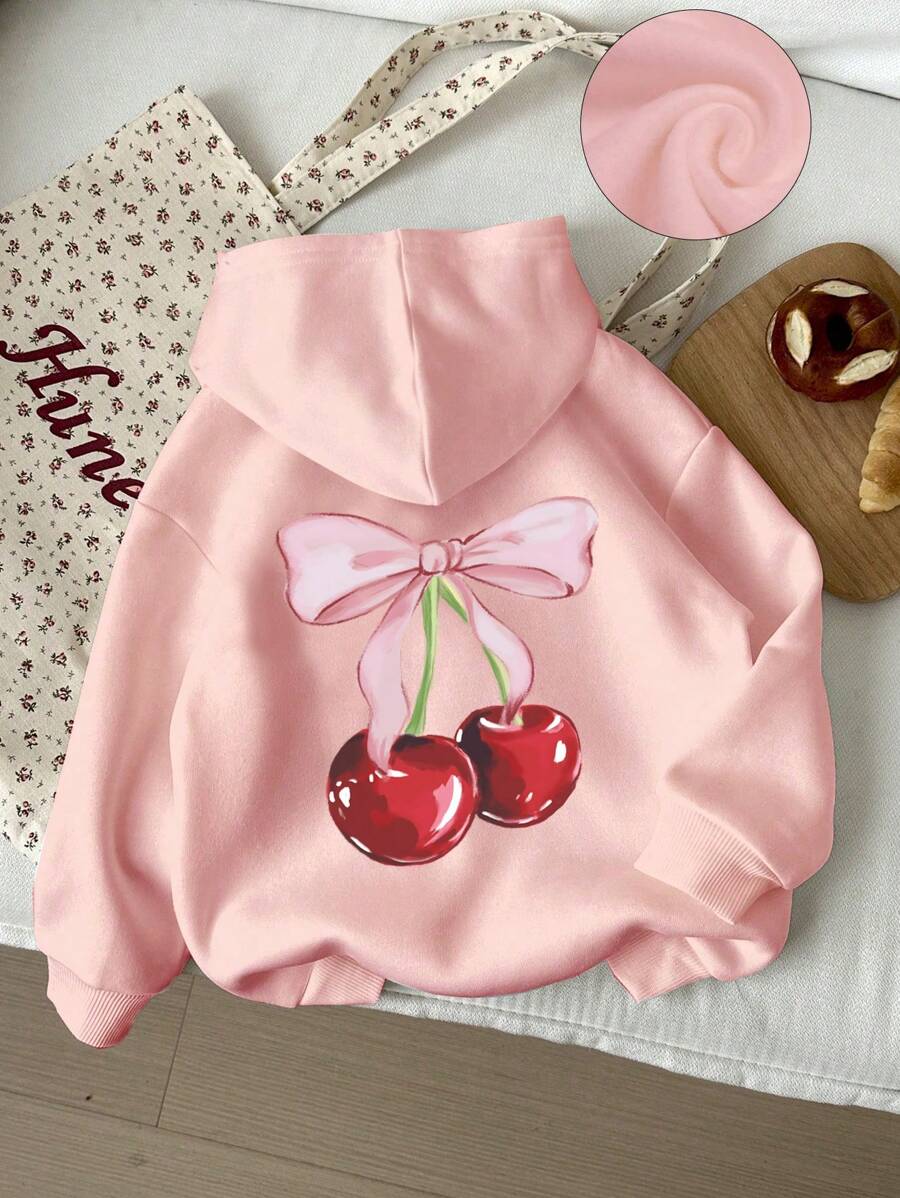 Sudadera con capucha informal de manga larga con estampado de cerezas para niñas preadolescentes, ideal para otoño e invierno.