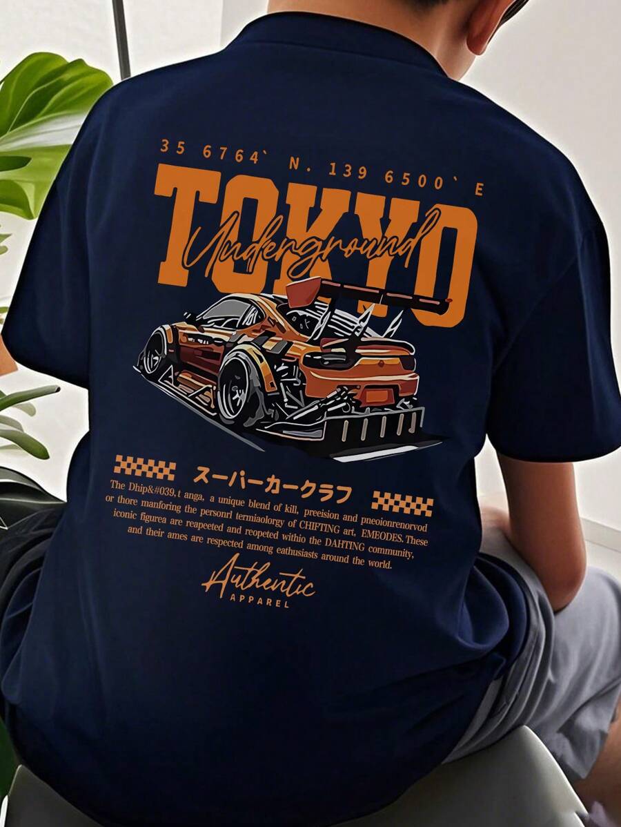 Camiseta de manga corta con estampado de coche, ideal para preadolescentes y estudiantes de verano.