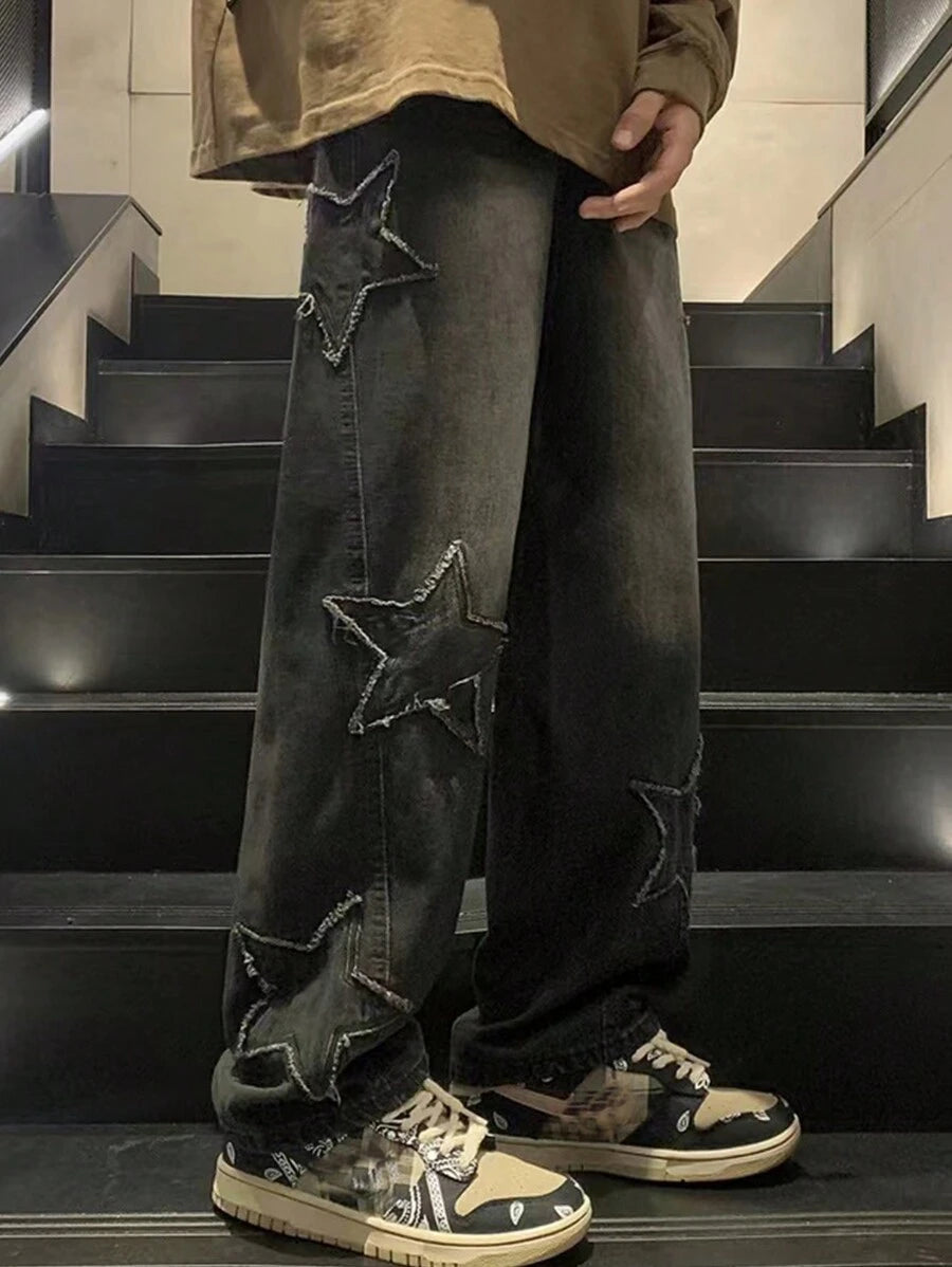ROMWE MEN Vaqueros casuales con parches de estrellas en color liso y bolsillos, estilo urbano, para la escuela
