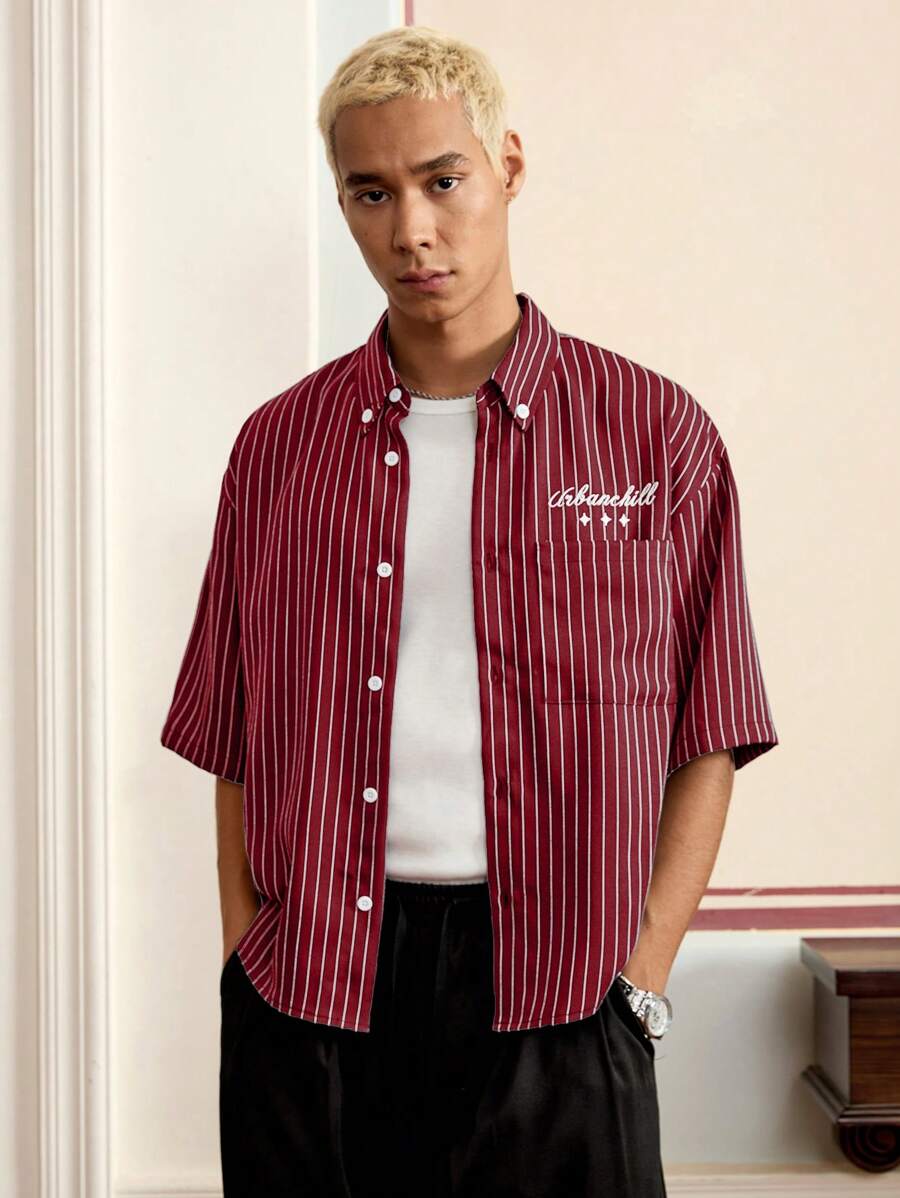 SWAVVY - Pantalones cortos casuales de rayas rojas y blancas de talla estándar para hombre, con camisa bordada holgada, para la escuela