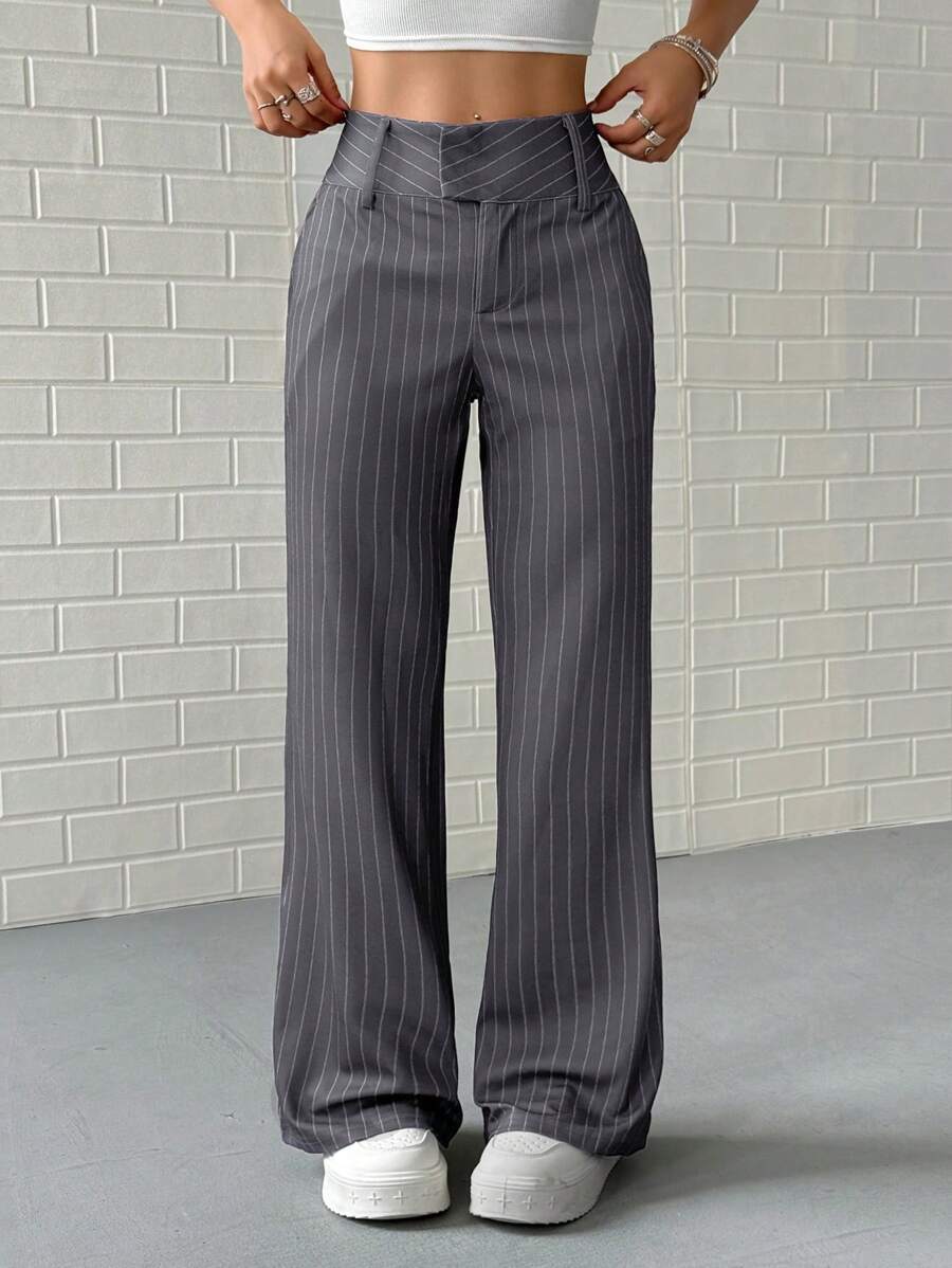 Pantalón de traje a rayas de cintura baja para mujer, elástico, con bolsillos laterales, para primavera y otoño.