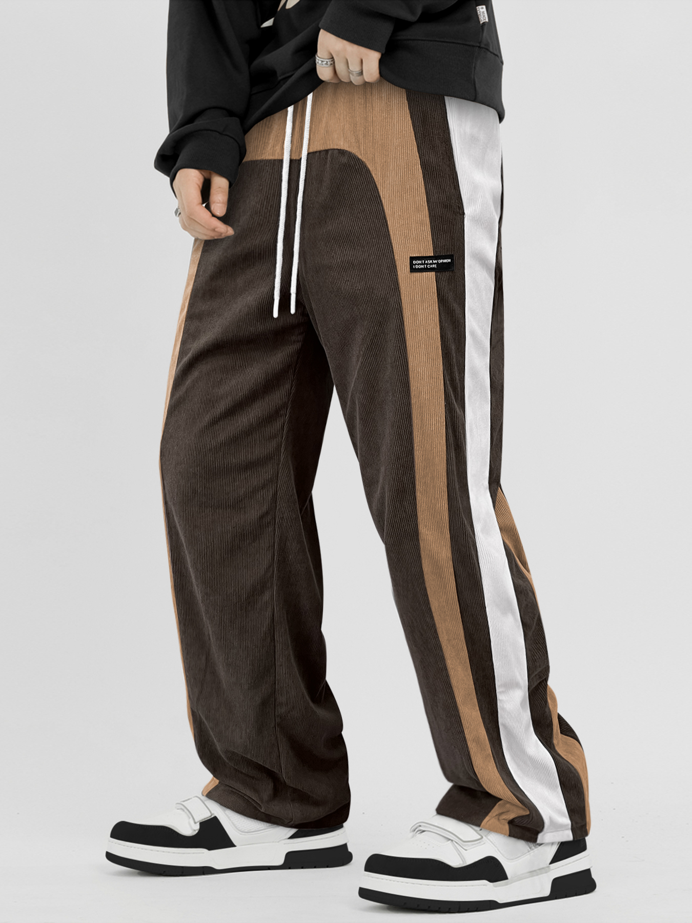 TECCULI Men's Corduroy-Textured Casual Pants with Adjustable Drawstring Waist& Side Pockets - All- Season Comfort for Outdoor Activities, Hiking, Running - Striped Design in BlackBrownWhite GreyNavy, Hiking Pants, Hiking Attire,Streetwe