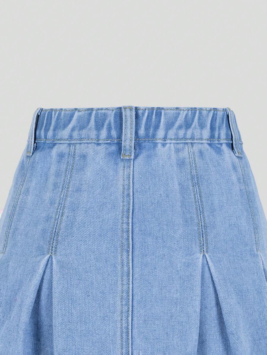 Falda vaquera lavada plisada azul claro, informal, versátil y de moda para niñas preadolescentes con lazo rosa