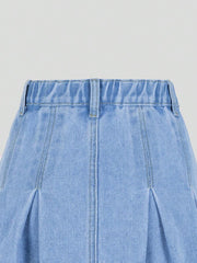 Falda vaquera lavada plisada azul claro, informal, versátil y de moda para niñas preadolescentes con lazo rosa