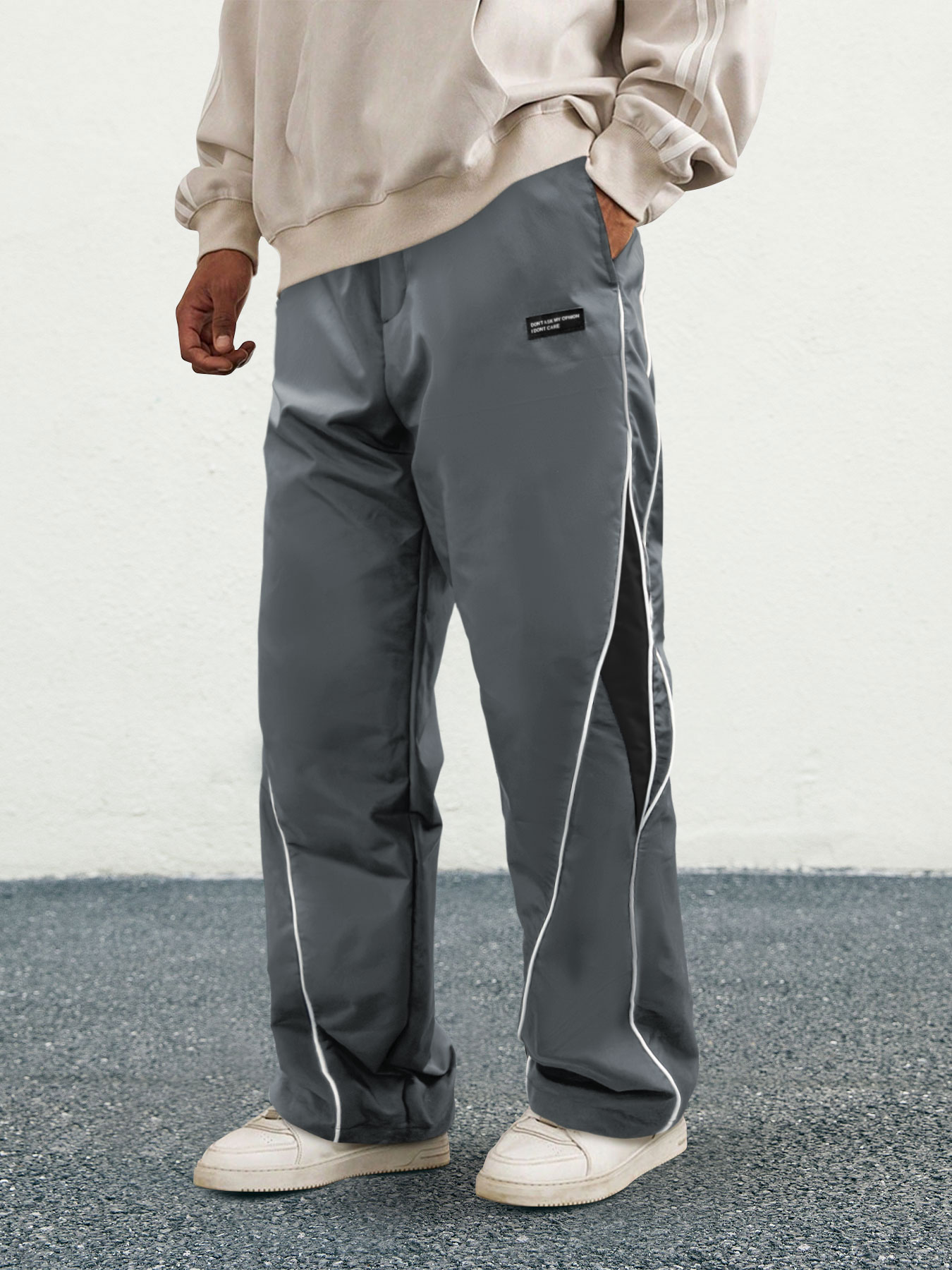 TECCULI Men's Letter Patchwork Side Stripe Drawstring Waist Pants, Casual Loose Pocket Trousers for Daily Wear, Fashion Men's Bottoms for All Seasons, Mens Pants, Casuals Pants, Menswear Oversized Baggy Activewear Sportswear Athletic Be