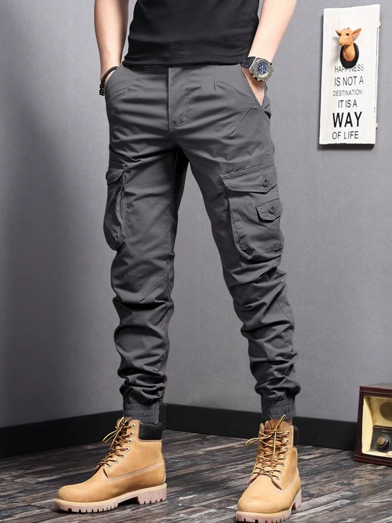 TECCULI Manfinity Homme Men Flap Pocket Side Cargo Pants, Back To School