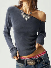 Camiseta de manga corta con cuello asimétrico de punto de color liso para mujer de Bohemela BOHO