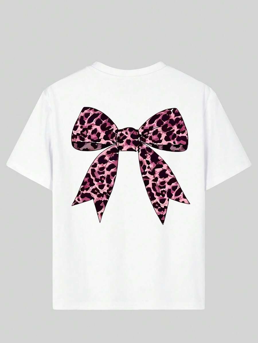 Camiseta de manga corta extragrande con estampado de leopardo y lazo para niña preadolescente, cómoda y moderna para el verano.