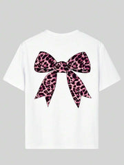 Camiseta de manga corta extragrande con estampado de leopardo y lazo para niña preadolescente, cómoda y moderna para el verano.