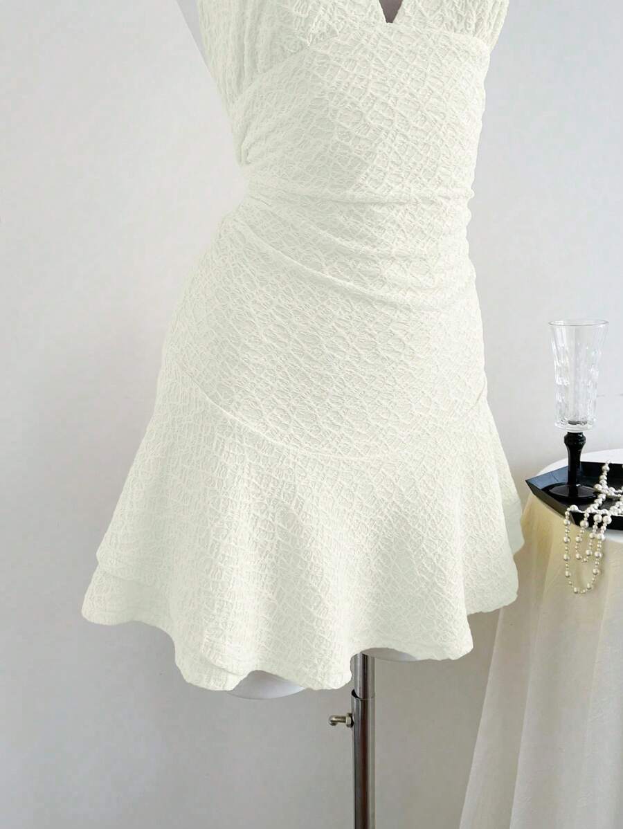 Elamini - Vestido corto informal de verano para mujer, de tejido de punto, color liso, con doble capa, volantes, cuello halter y lazo