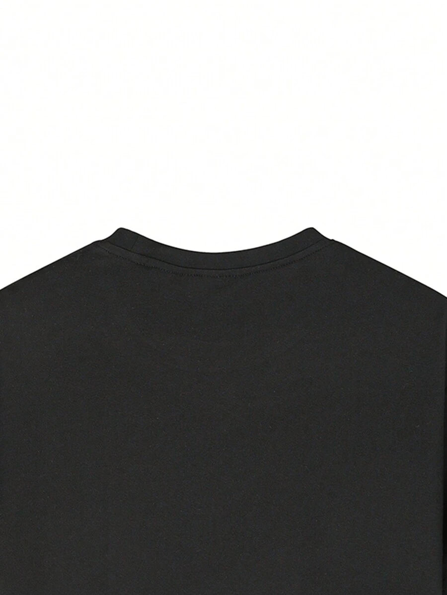 Camiseta informal de manga corta con cuello redondo y estampado de texto en inglés para niño preadolescente, color negro, para verano