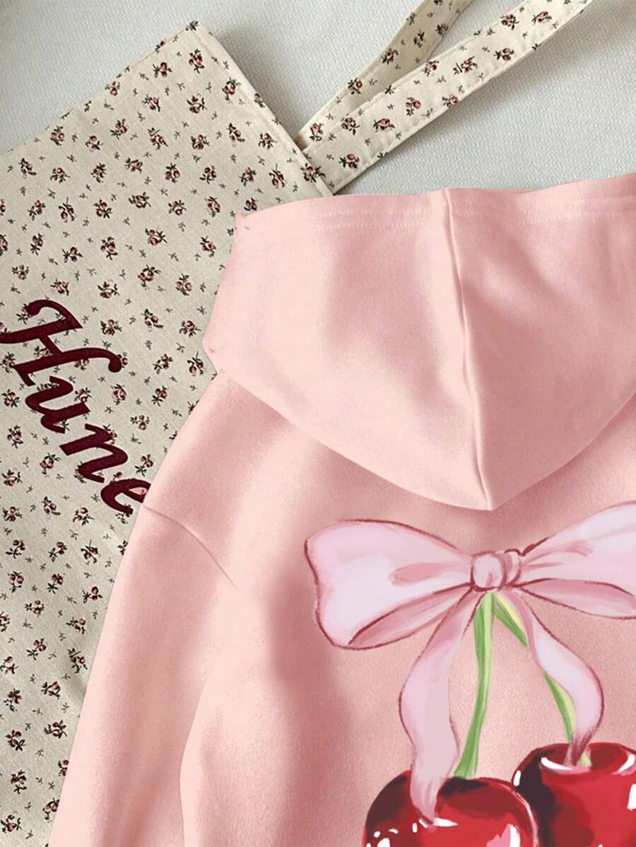 Sudadera con capucha informal de manga larga con estampado de cerezas para niñas preadolescentes, ideal para otoño e invierno.