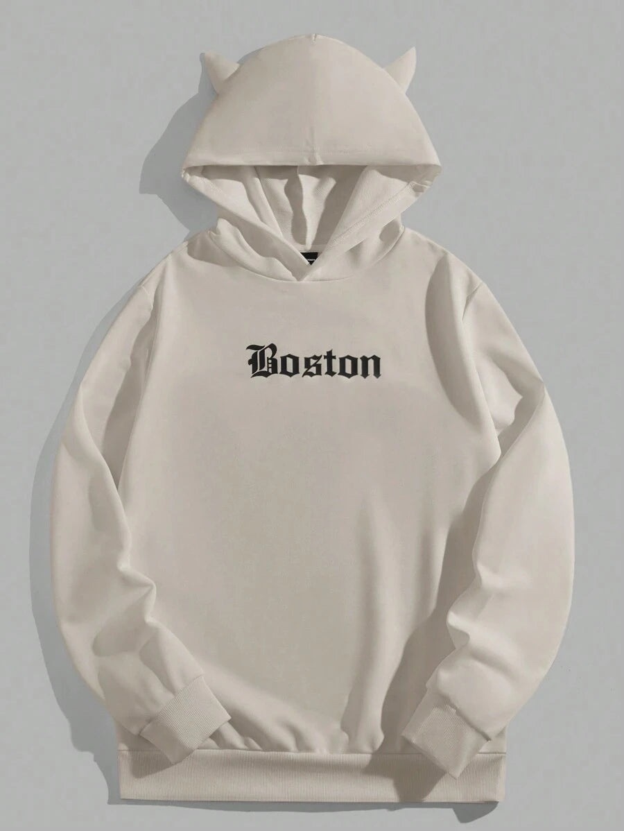 Sudadera de punto con capucha y estampado de letras Boston para hombre de AXEPEAK, ideal para primavera y otoño, sudadera de manga larga estilo rapero para salir, estilo urbano.