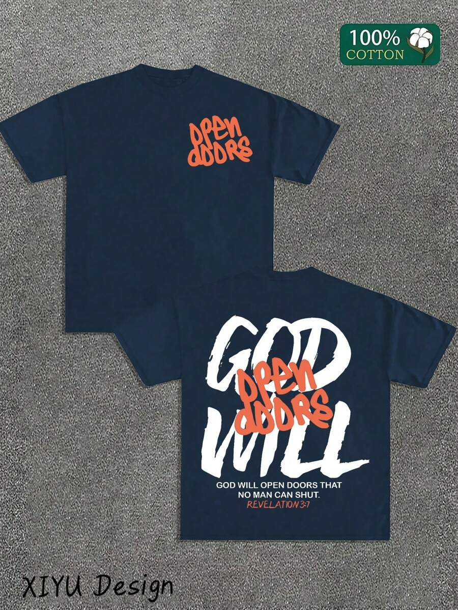 Camiseta de algodón para hombre con estampado "Dios abrirá la puerta" - Azul marino, cuello redondo informal, manga corta, versión holgada, ideal para viajes y uso casual, cómoda y moderna para el día a día.