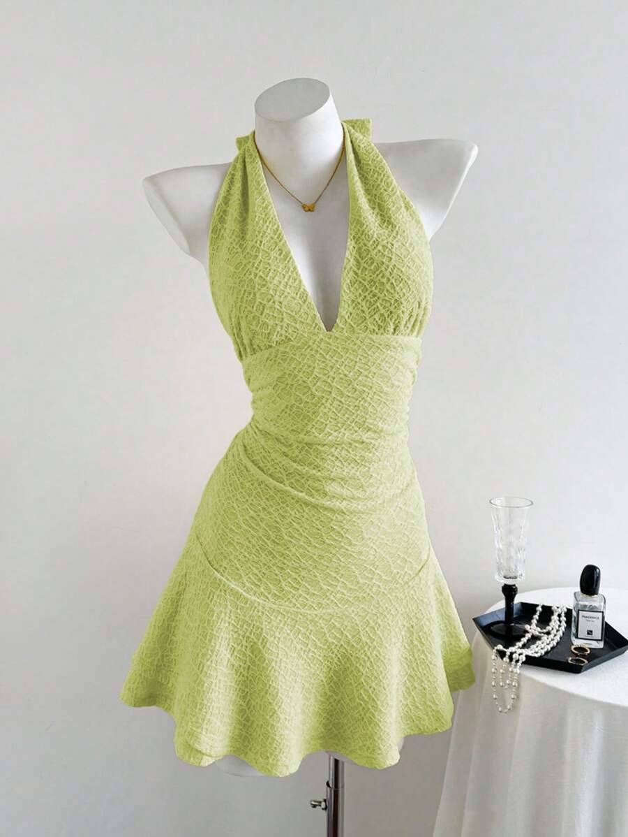Elamini - Vestido corto informal de verano para mujer, de tejido de punto, color liso, con doble capa, volantes, cuello halter y lazo