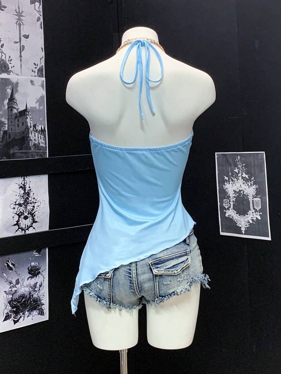 EgrlEra - Camiseta sin mangas con cuello halter, asimétrica, estilo sexy y bordado falso para mujer