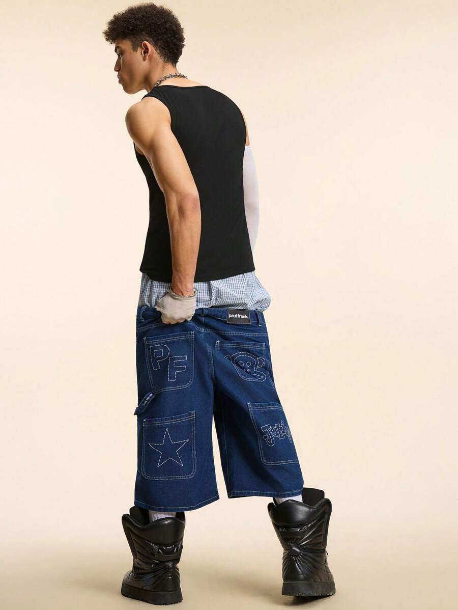 Pantalones cortos vaqueros holgados informales con múltiples bolsillos y bordados para hombre de Paul Frank