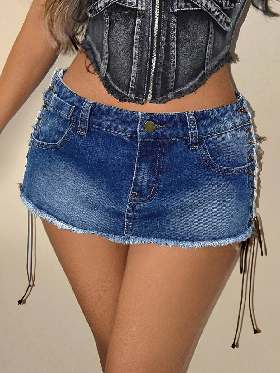 Falda vaquera corta ultracorta con lazo, estilo sexy, estilo años 2000, para mujer