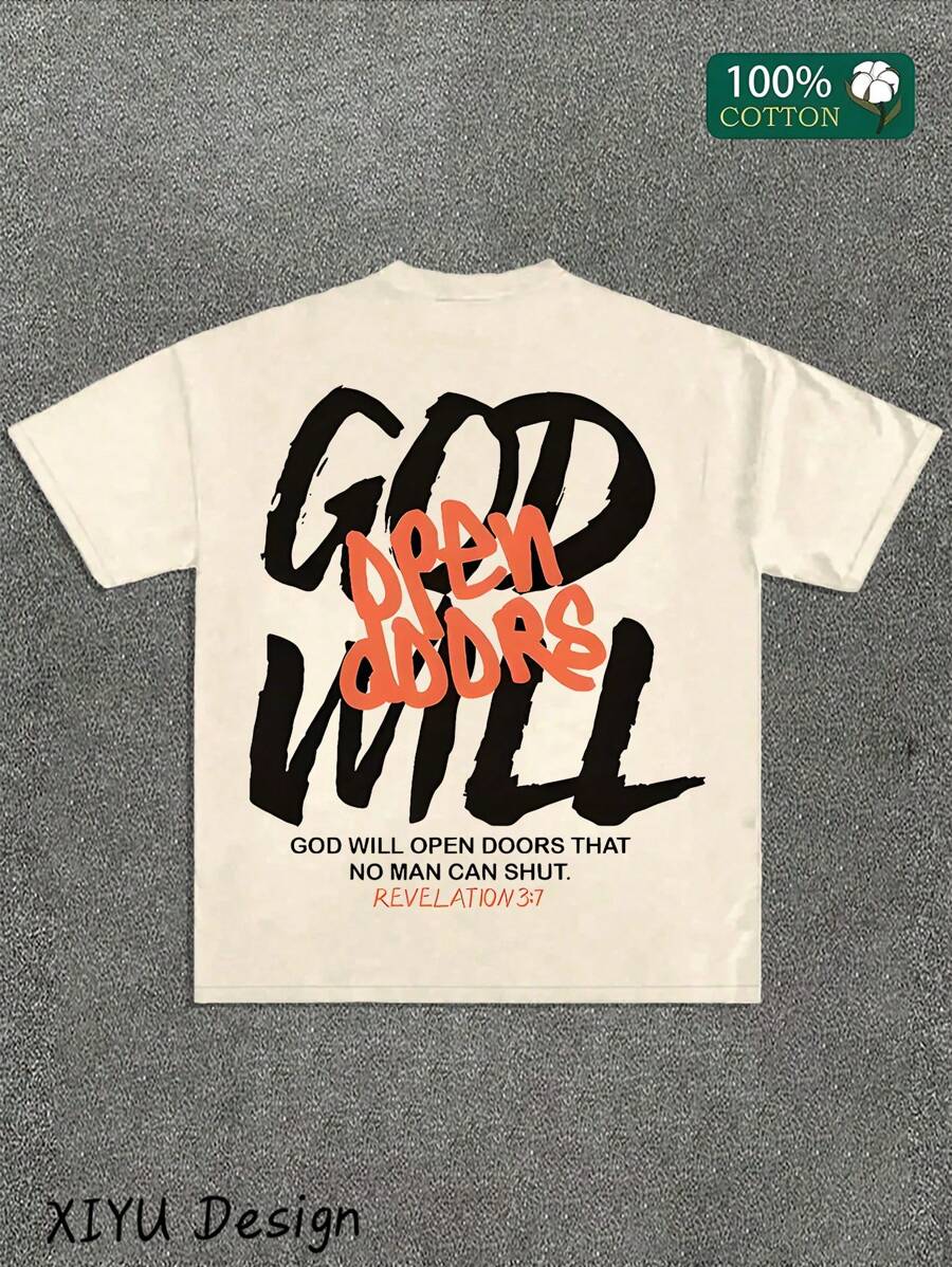 Camiseta de algodón para hombre con estampado "Dios abrirá la puerta" - Azul marino, cuello redondo informal, manga corta, versión holgada, ideal para viajes y uso casual, cómoda y moderna para el día a día.