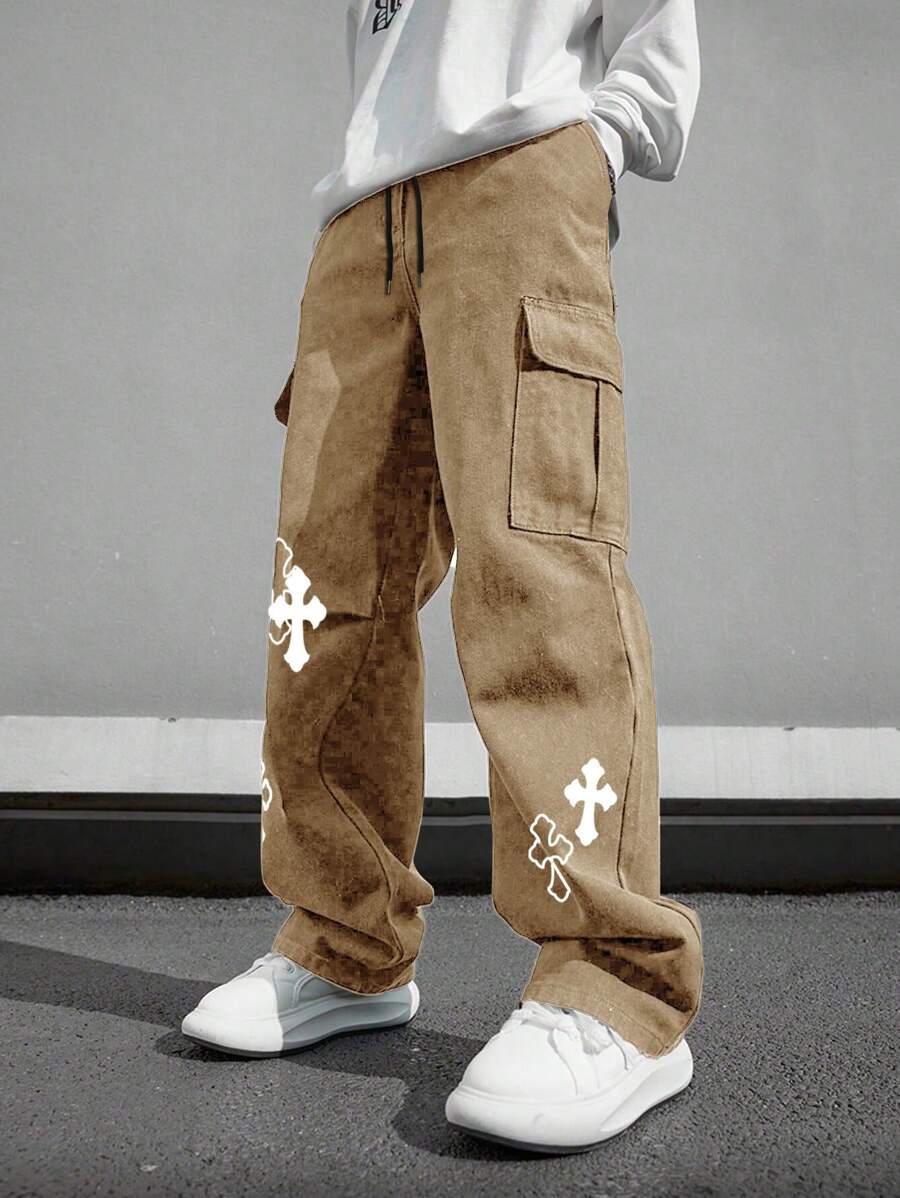 Pantalón cargo multibolsillos para hombre, corte holgado con estampado cruzado, ideal para playa, informal, deportes, actividades al aire libre, jogging, corte recto y holgado, ideal para cualquier temporada, estilo urbano, regalo para novio o esposo.